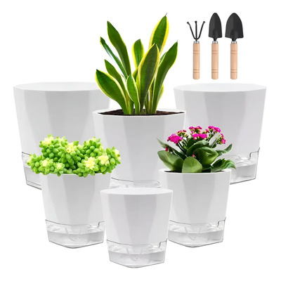 6 Macetas De Riego Automático Para Plantas Flores Jardin,blanco,macetas Con Sistema De Autorriego,agujeros De Drenaje, Viene Con Tres Mini Herramientas De Plantación | Meses sin interés