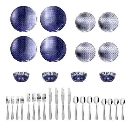 Set De Vajilla Platos Oro Azul Porcelana 32 Pz Oro Azul