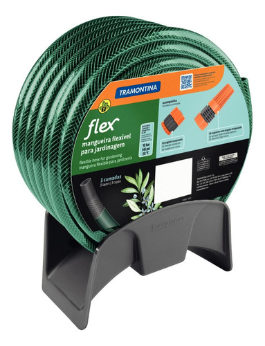 Mangueira Flex Para Jardim  Tramontina Verde Em Pvc 3 Camadas 20 M Com Engate Rosqueado, Esguicho E Suporte Mural