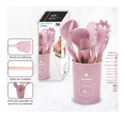 Kit 12 Pçs Utensílios De Cozinha Em Silicone Cabo Madeira