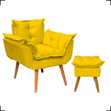 Kit Poltrona Opala Para Sala Confortável + Puff Decorativo Cor Amarelo Desenho Do Tecido Suede