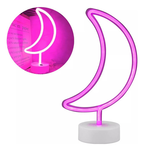 Lampara Velador Neon Luz Led Forma Luna Con Base Estructura Rosa Pantalla Blanco