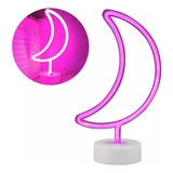 Lampara Velador Neon Luz Led Forma Luna Con Base Estructura Rosa Pantalla Blanco