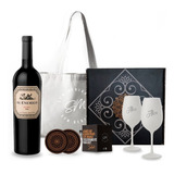 Box Set Vino Enemigo Malbec 2 Copas Blancas Grabada Estuche