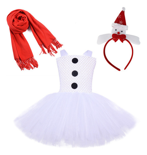 Vestido Infantil De Malla Muñeco De Nieve Blanco Navideño