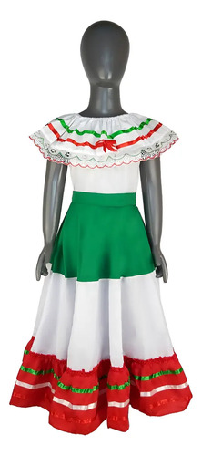 Traje Mexicano Para Niña Blusa Y Falda Tricolor Fiestas Patrias Tradicional Mexicano