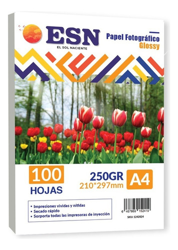 Papel Fotográfico Glossy A4 250 Gramos 100 Hojas Esn