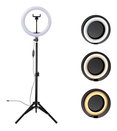 Ring Light Iluminador 26cm 10 Polegadas + Tripé 2,1m Selfie Cor Da Estrutura Preto