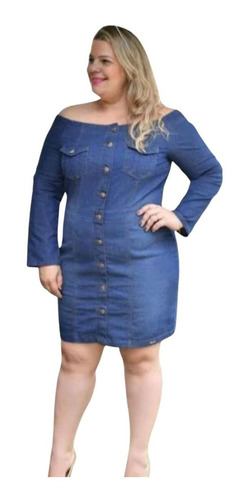 Vestido Jeans Manga Longa Ombro A Ombro Plus Size Xg2 Ao Xg4