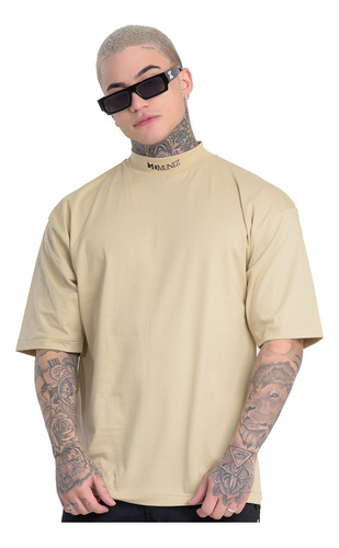 Camiseta Oversized Masculina Bege Caqui Gola Alta Lançamento