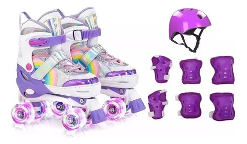 Patins 4 Rodas Infantil Arco Íris Led Com Kit Proteção 