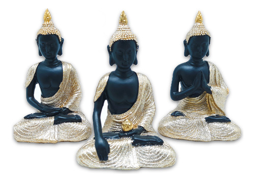 Trio De Buda Tailandês Da Sabedoria Preto Dourado 12 Cm