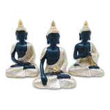 Trio De Buda Tailandês Da Sabedoria Preto Dourado 12 Cm