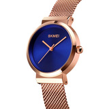 Reloj Mujer Skmei 1595 Acero Minimalista Elegante Clasico Color De La Malla Dorado Rosa/azul