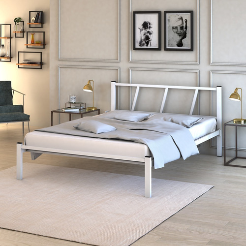 Cama De Casal Bruna 100% Em Aço Estilo Industrial Resistente Cor Branco Branco