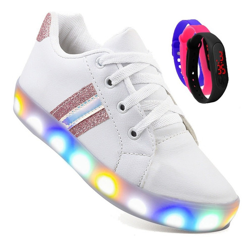 Tênis Casual Feminino Glitter Led Barato Tendência + Relógio