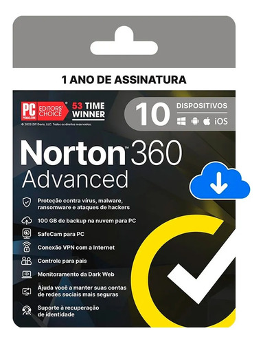 Norton 360 Advanced - Proteção Digital 12 Meses - 10 Disposi