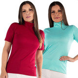 Kit 2 Blusa Blusinha Feminina Verão Gola Alta Manga Curta