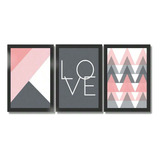 Kit 3 Placas Para Sala Quarto Abstrato Rosa Love