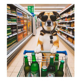 Vinilo 100x100cm Perro En Supermercado Comprando Cerveza M4