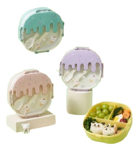 Vianda Infantil Diseño Cupcake Con 3 Divisiones + Cubiertos