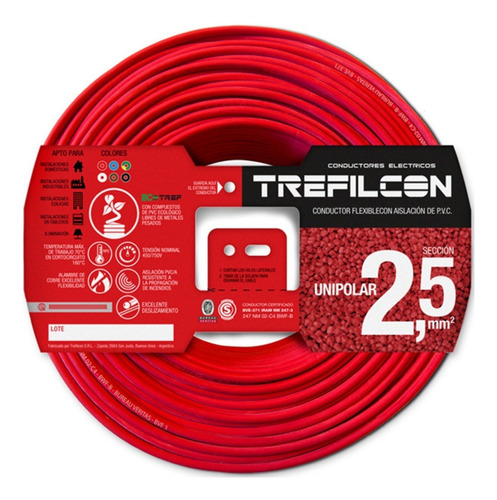 Cable Electrico Normalizado 2,5mm Trefilcon Color Rojo X 25 Metros