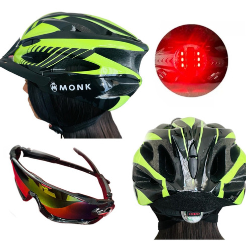 Set Casco Bicicleta Con Vicera+luz +lentes Gafas Deportivas