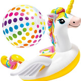 Salvavidas Unicornio Gigante + Pelota Playera, Alberca Intex