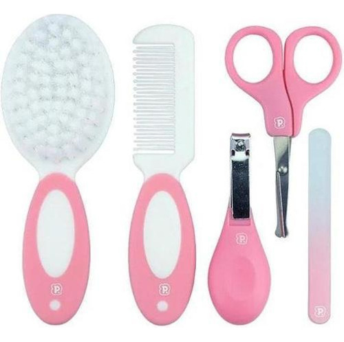 Kit Higiene Bebê 5 Peças Rosa Cortador Unha, Tesoura, Lixa,