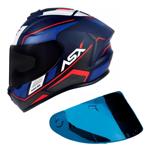 Capacete Asx Draken/wind Azul Vermelho Fosco + Viseira Azul