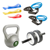 Kit Set Rueda Doble + Pesa Rusa Kettlebell 8 Kg + Bandas Fit