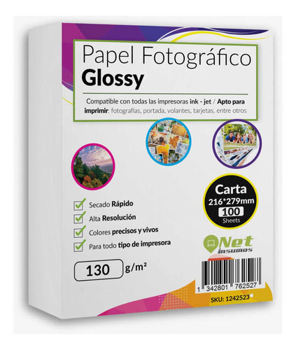 Papel Fotográfico Tamaño Carta Glossy Pack 100 Hojas 130 Gr