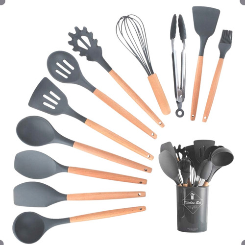 Kit 12 Utensílios De Cozinha Em Silicone E Cabo De Madeira