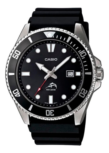 Reloj De Pulsera Casio Classic Mdv-106 De Cuerpo Color Plateado, Analógico, Para Hombre, Fondo Negro, Con Correa De Resina Color Negro, Agujas Color Plateado, Blanco Y Rojo, Dial Blanco Y Plateado, Mi