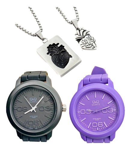 Set Dos Reloj Q&q Silicona Negro Y Lila Con Juego Collares