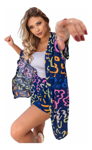 Kimonos Estampa Verão Conjunto Peças Moda Praia Shorts Luxo