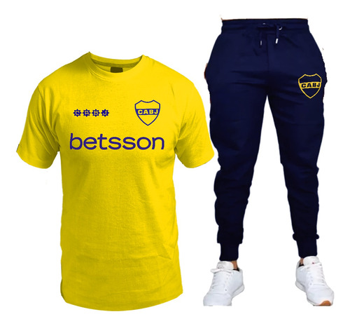 Conjunto Remera Y Pantalon Jogging De Boca Escudo Dorado 04