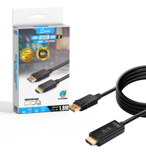 Cabo Dp Para Hdmi Displayport Para Hdmi 1.8metros Full Hd 4k Lumi