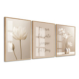 Kit 3 Quadros Decorativos Flor Bege Boho Frase Luxo Vidro