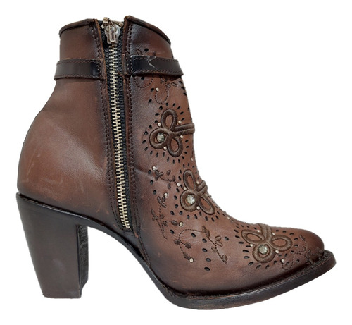 Botin Vaquero Casual Oval Dama Cuadra Piel Miel Swaroskis