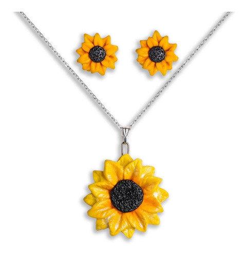 Conjunto Collar Y Aritos Plata 925 Girasol  En Estuche 