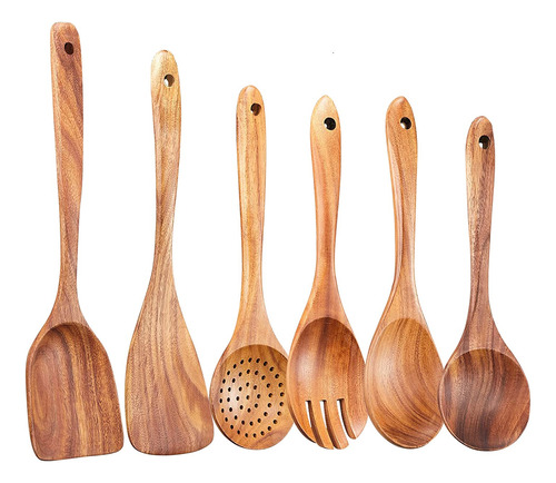 Juego De Utensilios De Cocina De Madera, 6 Cucharas De Mader