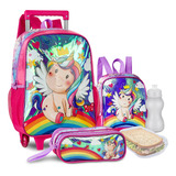 Kit Mochila Escolar Unicórnio Com Rodinhas Infantil Meninas