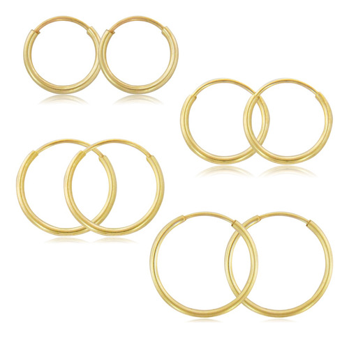 4 Pares De Arracadas Lisas D.9,5mm 11mm 13mm Y 15mm Oro 10k