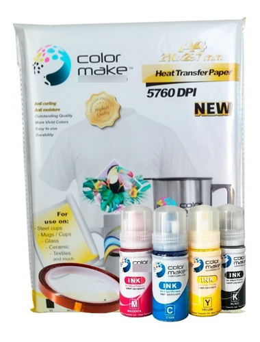 Kit 4 Tintas Sublimación 70. Ml. + Papel + Cinta Colormake