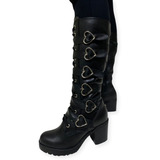 Bota De Piel Larga Tacon Mujer Estilo Dark  Rocker Corazon