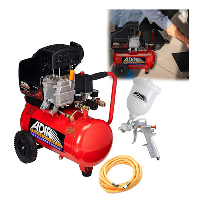 kit compresor y pistola de gravedad con manguera de aire portátil ruedas Adir 2030KG 25L 2.5hp dos salidas de aire manómetro doble presión máxima 135psi caudal 5.89 cfm | Meses sin interés