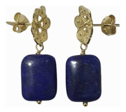 Aros Lapislazuli Pastilla Retang Flor G Filigrana Plata 925