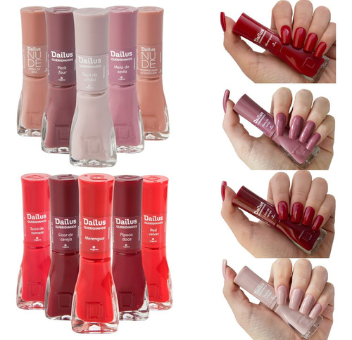 Kit Com 10 Esmaltes Dailus Vermelho E Nude