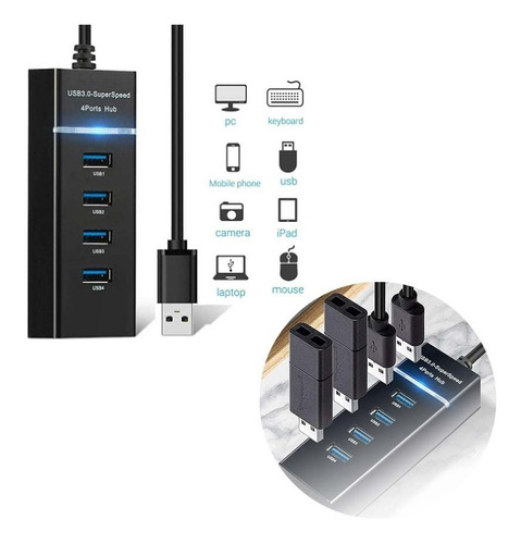 Hub 4 Puertos Multi Usb 3.0 Indicador Luz Led Adaptador